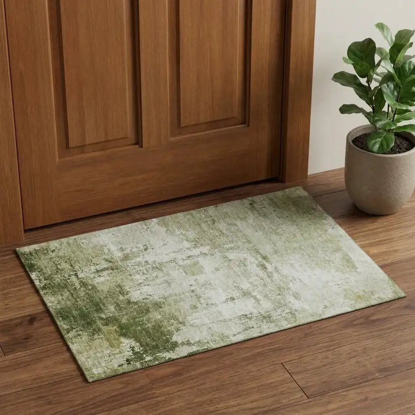 Sage And Ivory Abstract Washable Area Rug With UV Protection Photo 1