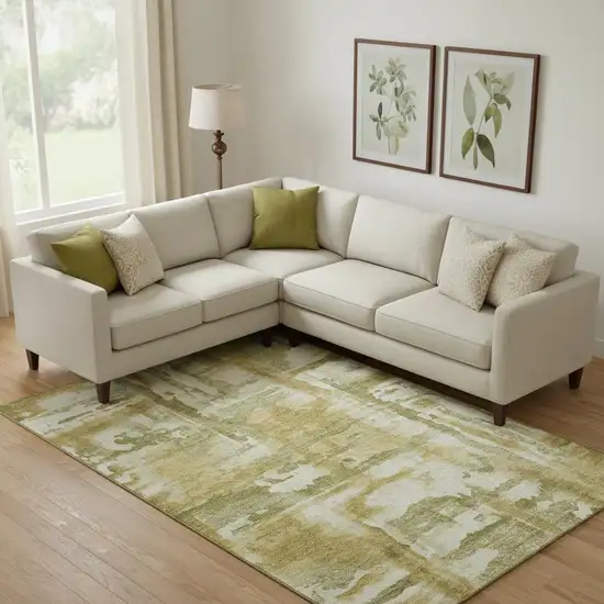 Sage And Ivory Abstract Washable Area Rug With UV Protection Photo 2