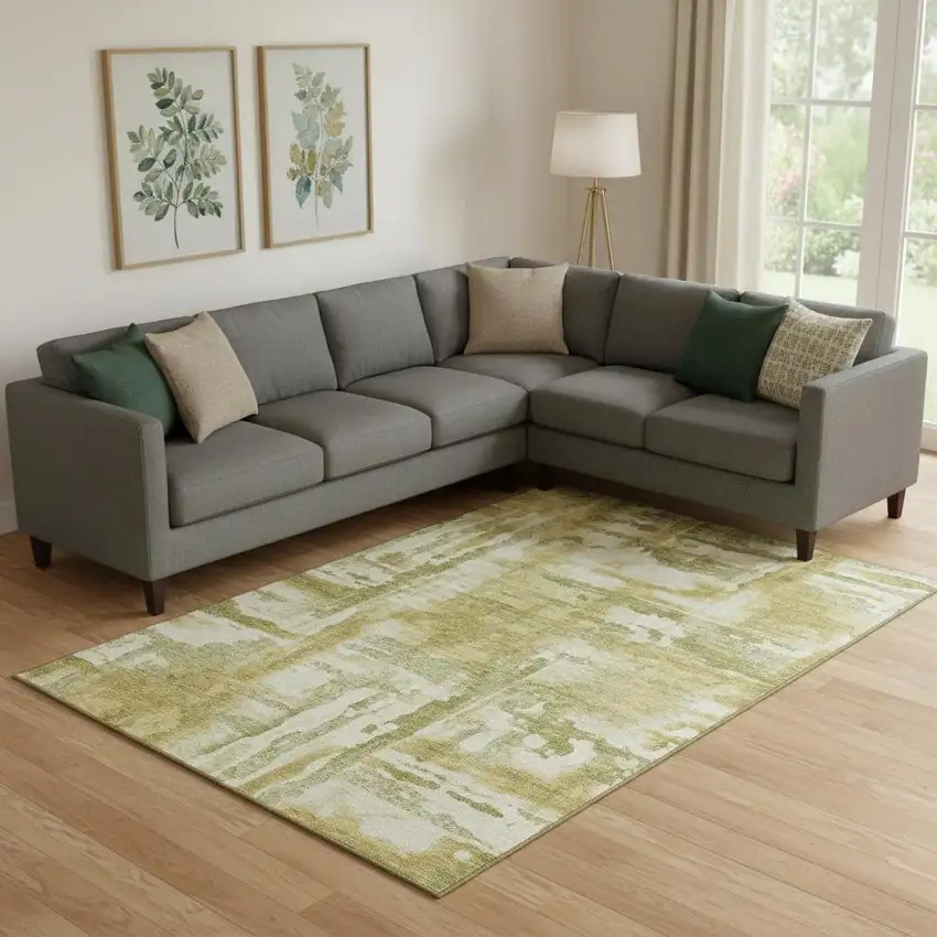 Sage And Ivory Abstract Washable Area Rug With UV Protection Photo 2