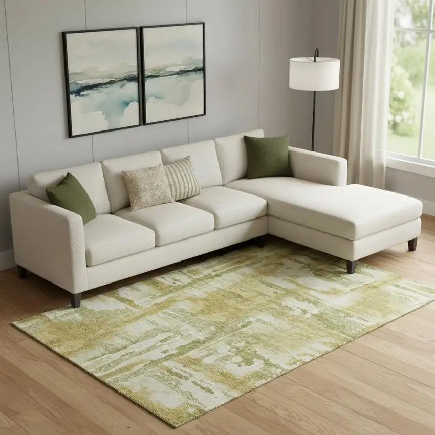 Sage And Ivory Abstract Washable Area Rug With UV Protection Photo 2