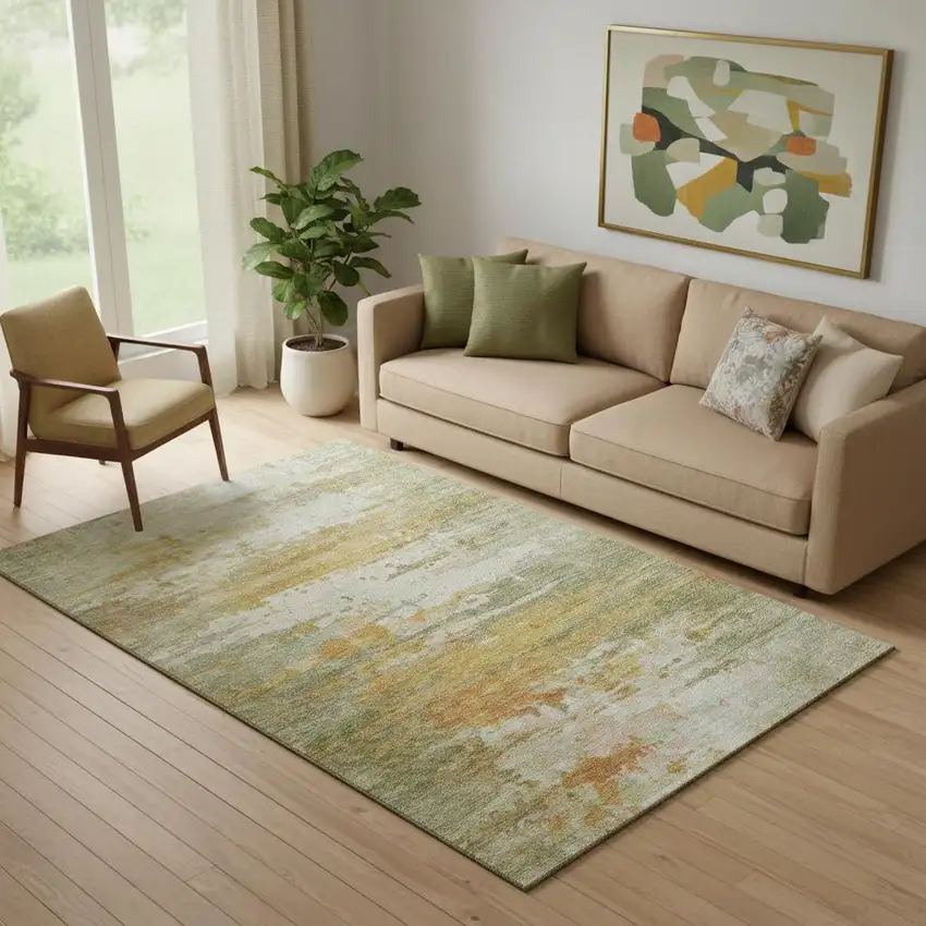 Sage And Ivory Abstract Washable Area Rug With UV Protection Photo 2