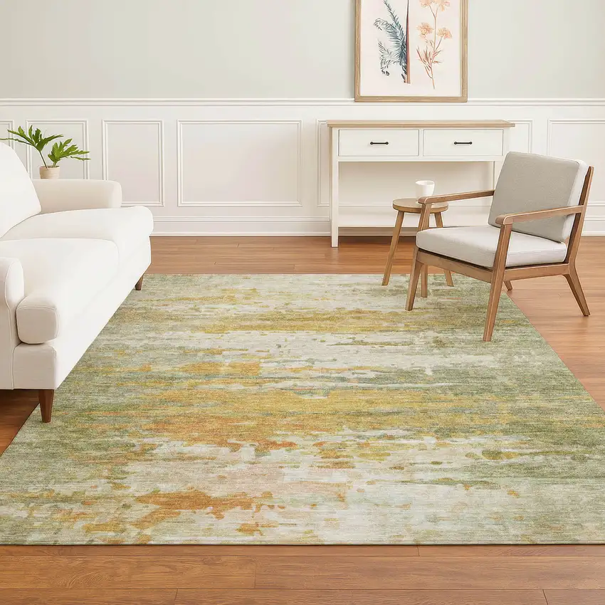 Sage And Ivory Abstract Washable Area Rug With UV Protection Photo 6