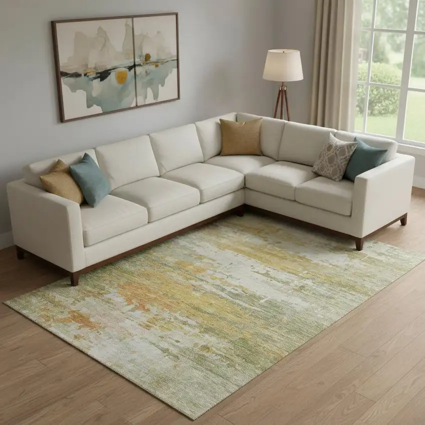 Sage And Ivory Abstract Washable Area Rug With UV Protection Photo 2