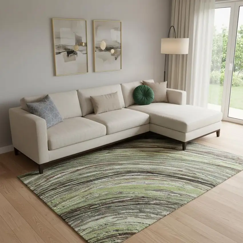 Sage And Ivory Abstract Washable Area Rug With UV Protection Photo 2