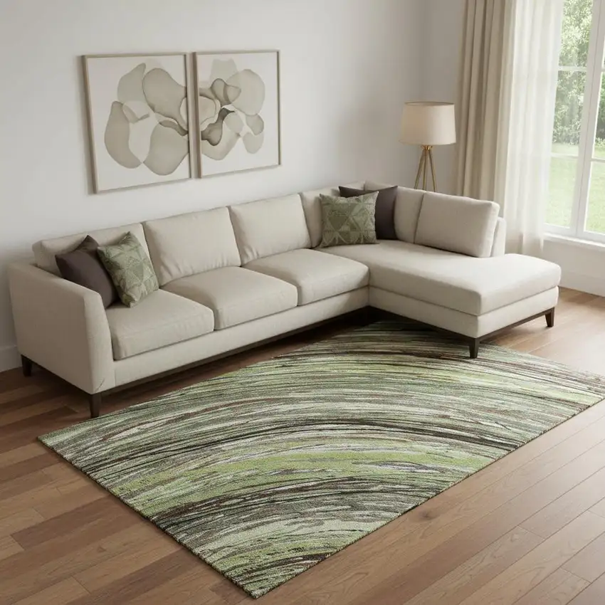 Sage And Ivory Abstract Washable Area Rug With UV Protection Photo 2