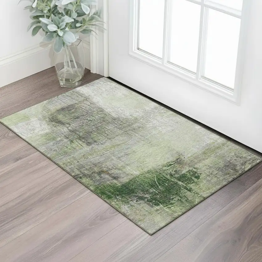 Sage And Ivory Abstract Washable Area Rug With UV Protection Photo 2