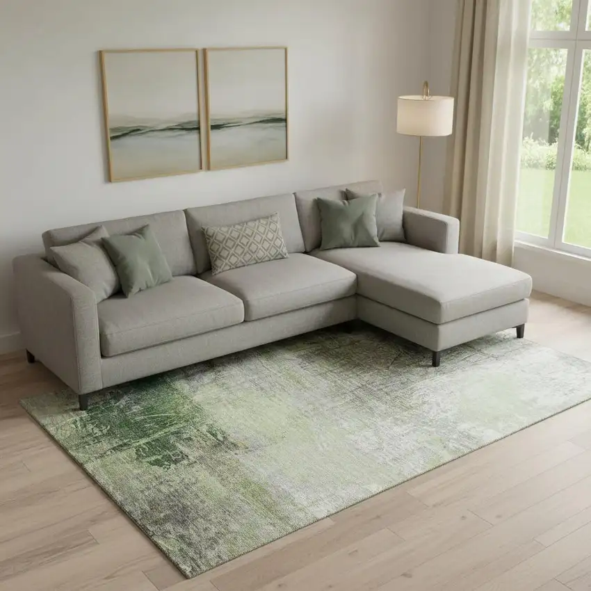 Sage And Ivory Abstract Washable Area Rug With UV Protection Photo 2