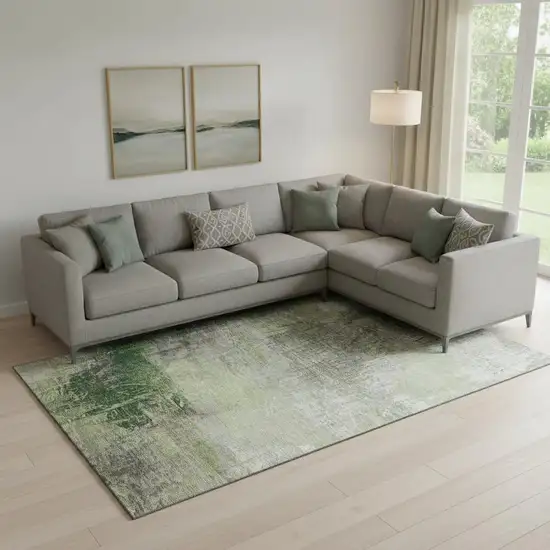 Sage And Ivory Abstract Washable Area Rug With UV Protection Photo 2