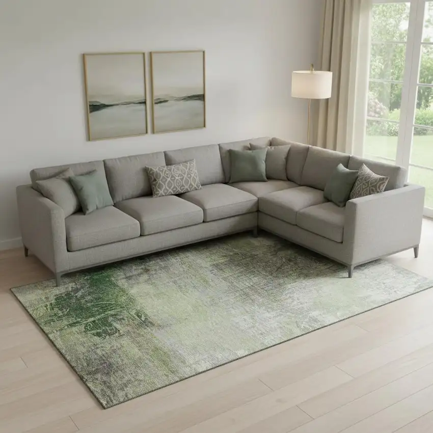 Sage And Ivory Abstract Washable Area Rug With UV Protection Photo 2