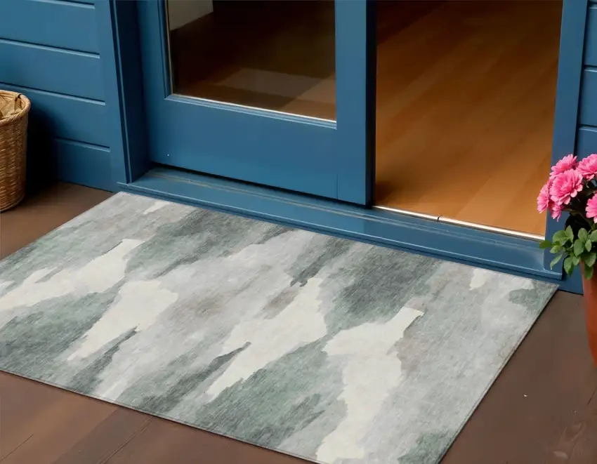 Sage And Ivory Abstract Washable Indoor Outdoor Area Rug Photo 1