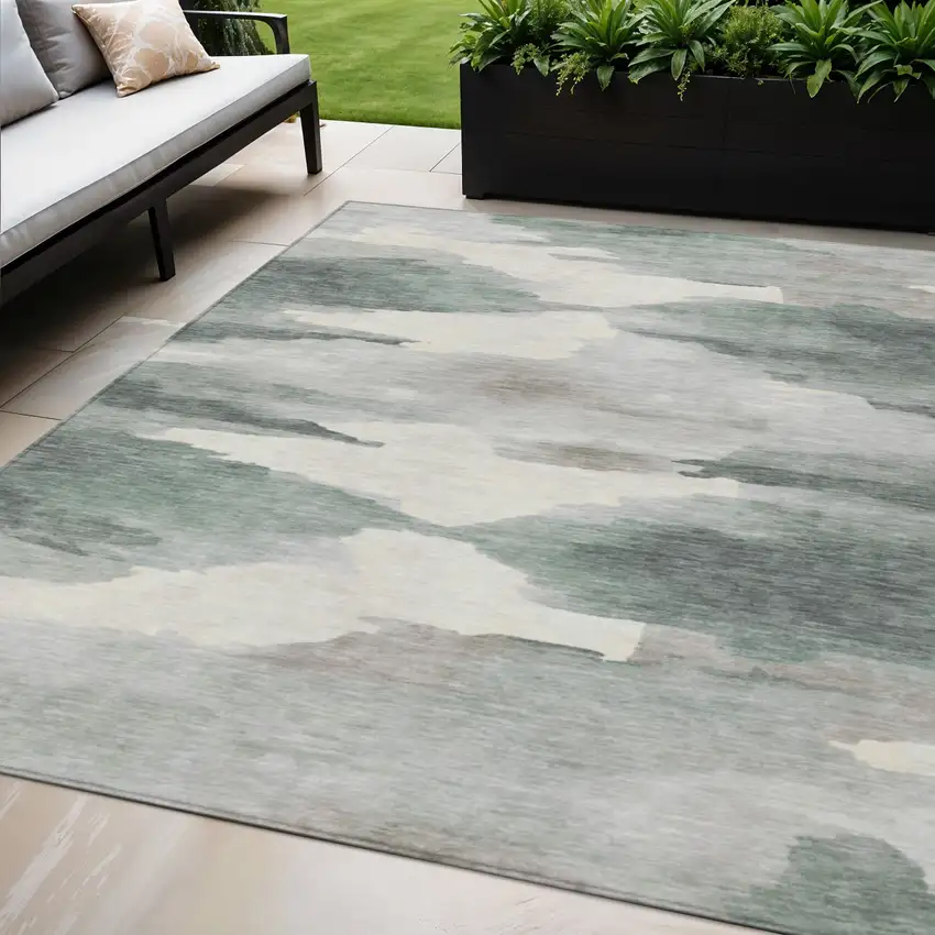 Sage And Ivory Abstract Washable Indoor Outdoor Area Rug Photo 1