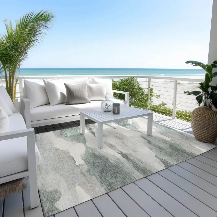 Sage And Ivory Abstract Washable Indoor Outdoor Area Rug Photo 9