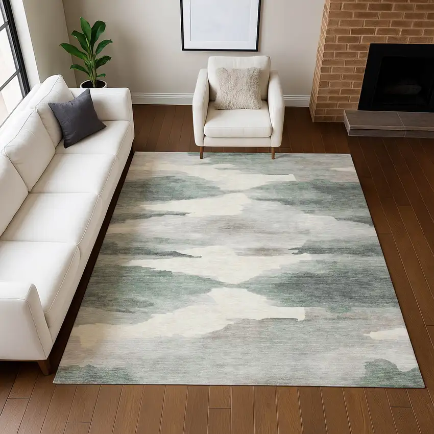 Sage And Ivory Abstract Washable Indoor Outdoor Area Rug Photo 8