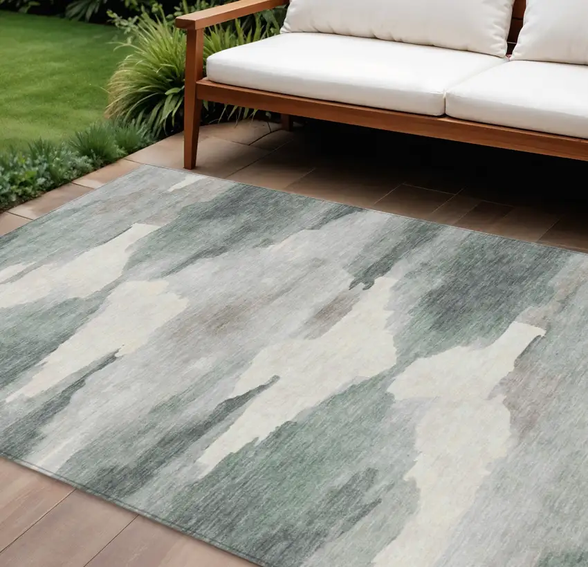 Sage And Ivory Abstract Washable Indoor Outdoor Area Rug Photo 1