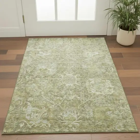 Sage And Ivory Damask Washable Area Rug With UV Protection Photo 2