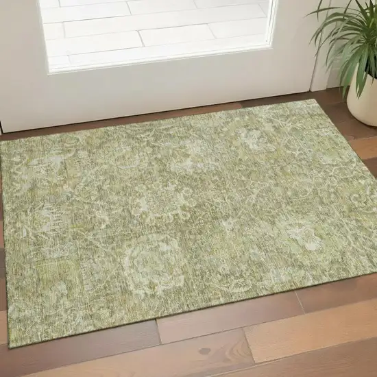 Sage And Ivory Damask Washable Area Rug With UV Protection Photo 1
