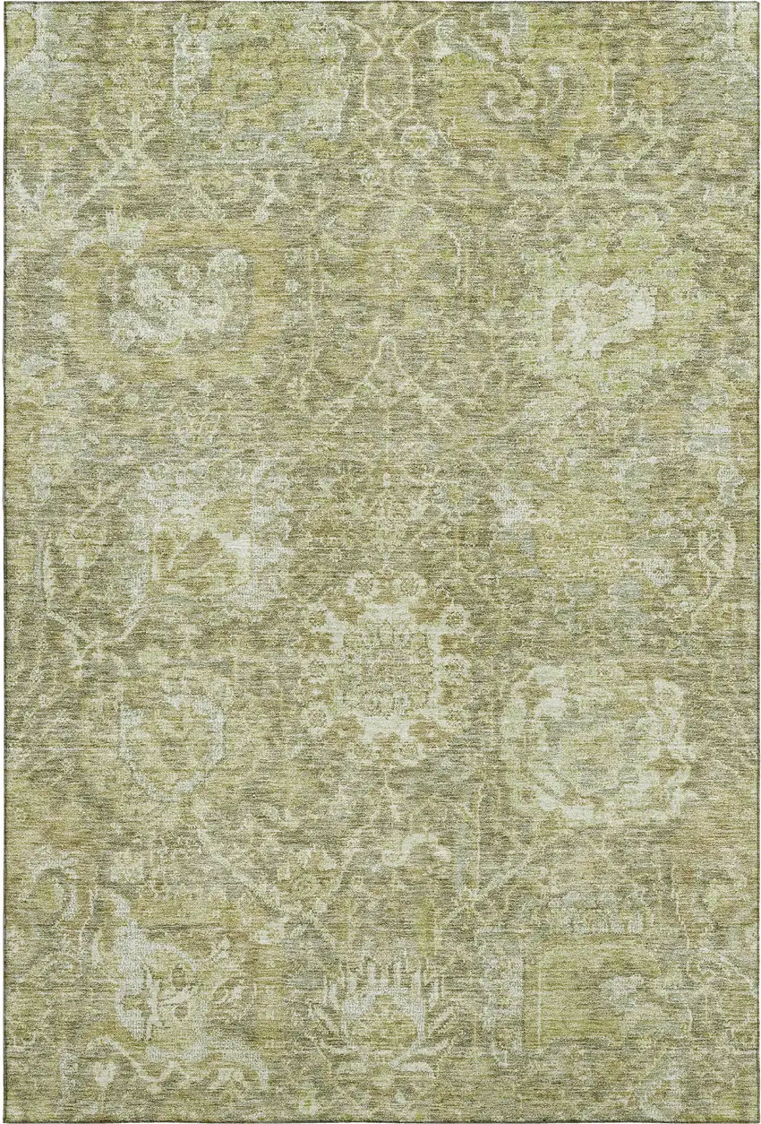 Sage And Ivory Damask Washable Area Rug With UV Protection Photo 1