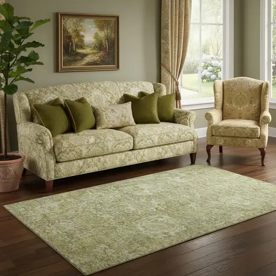 Sage And Ivory Damask Washable Area Rug With UV Protection Photo 2