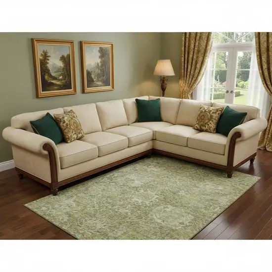 Sage And Ivory Damask Washable Area Rug With UV Protection Photo 2