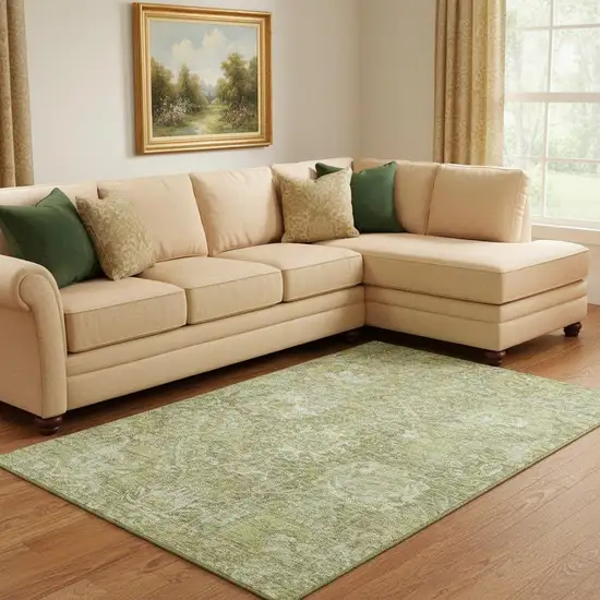 Sage And Ivory Damask Washable Area Rug With UV Protection Photo 2