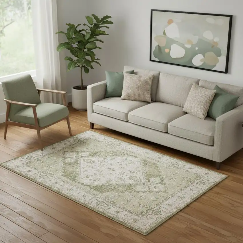 Sage And Ivory Floral Distressed Area Rug Photo 1