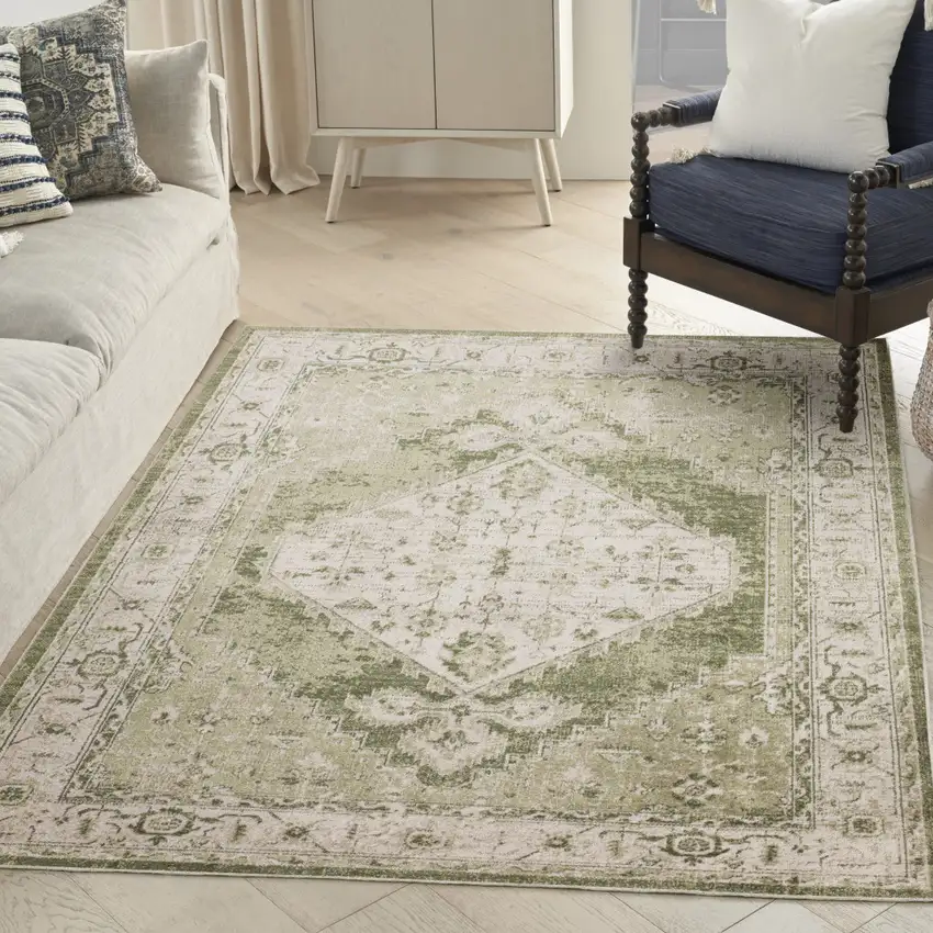 Sage And Ivory Floral Distressed Area Rug Photo 5