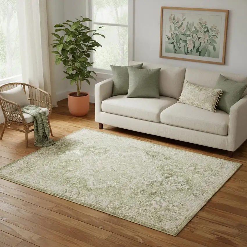 Sage And Ivory Floral Medallion Area Rug Photo 1