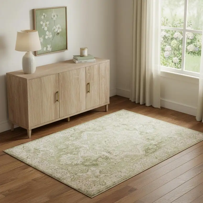 Sage And Ivory Floral Medallion Area Rug Photo 1