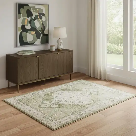 Sage And Ivory Floral Medallion Distressed Area Rug Photo 1
