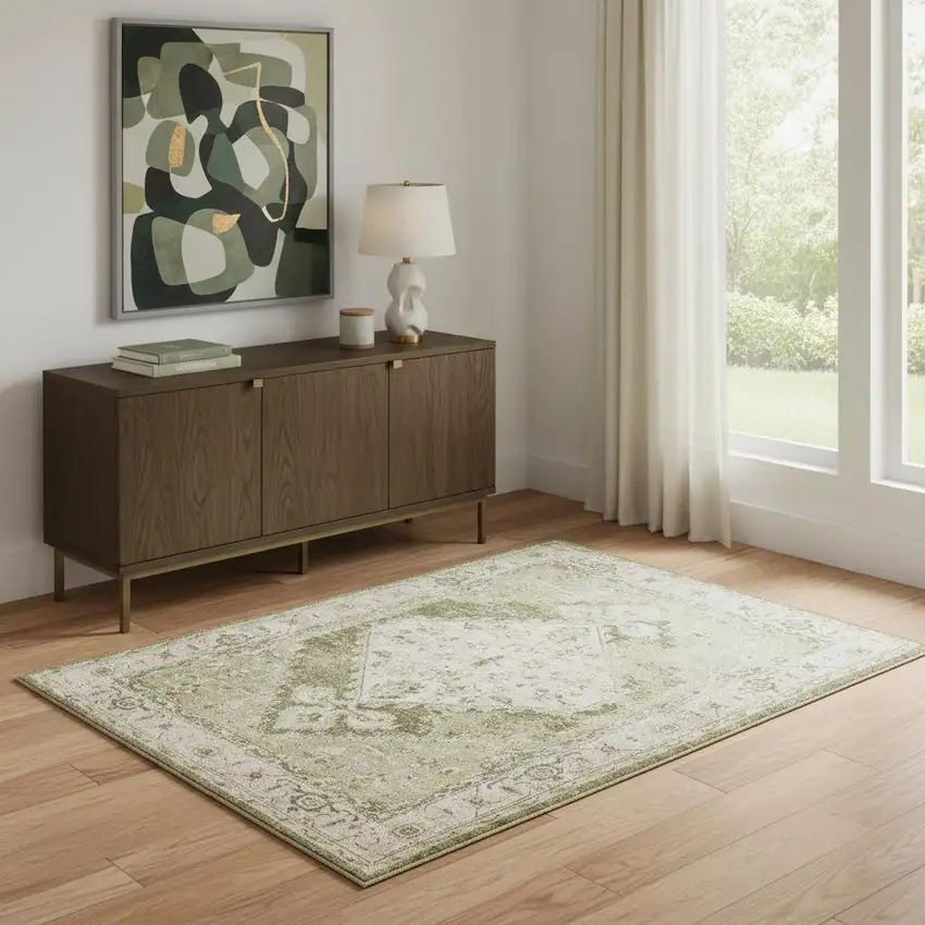 Sage And Ivory Floral Medallion Distressed Area Rug Photo 1