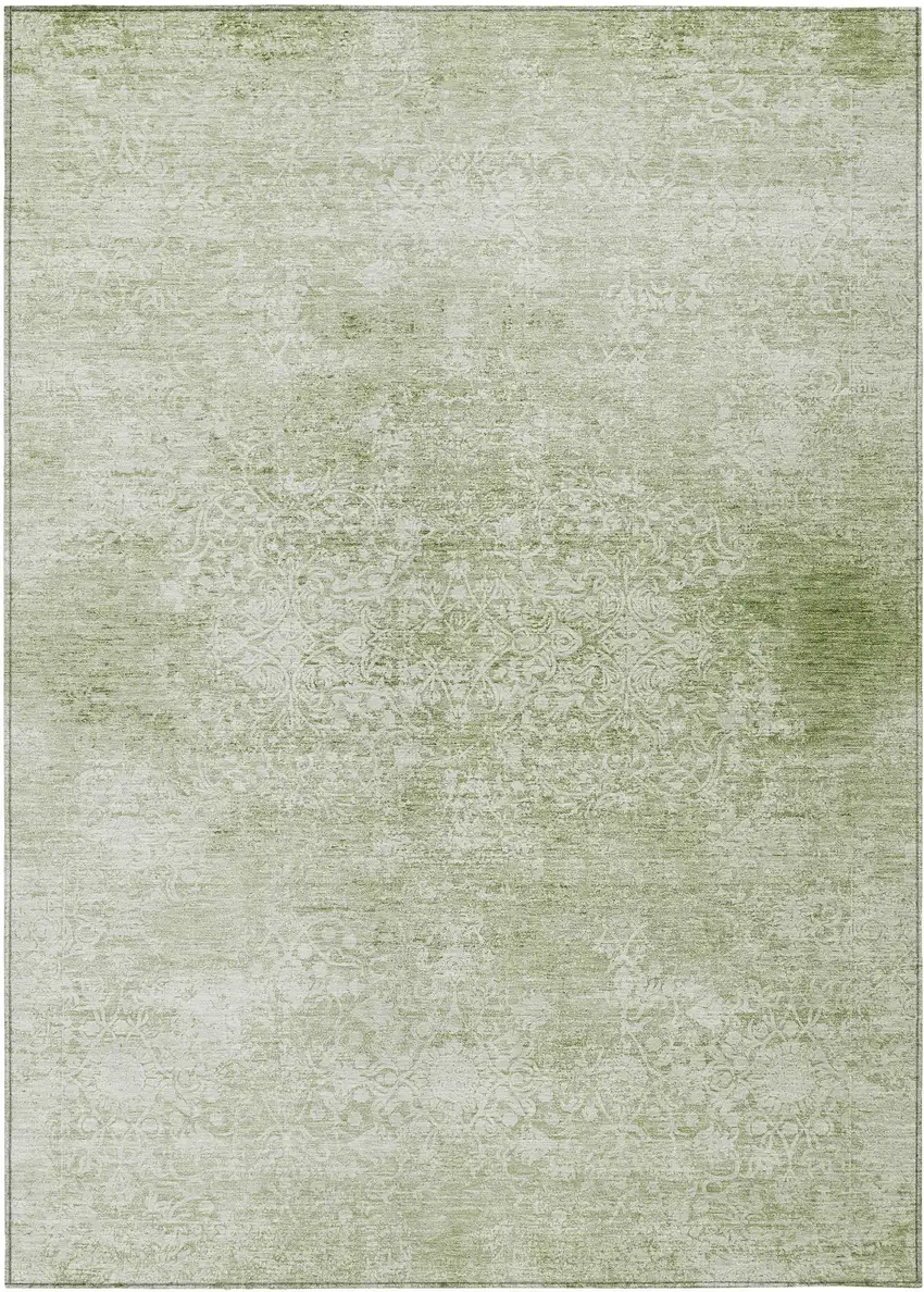 Sage And Ivory Floral Medallion Washable Indoor Outdoor Area Rug Photo 1