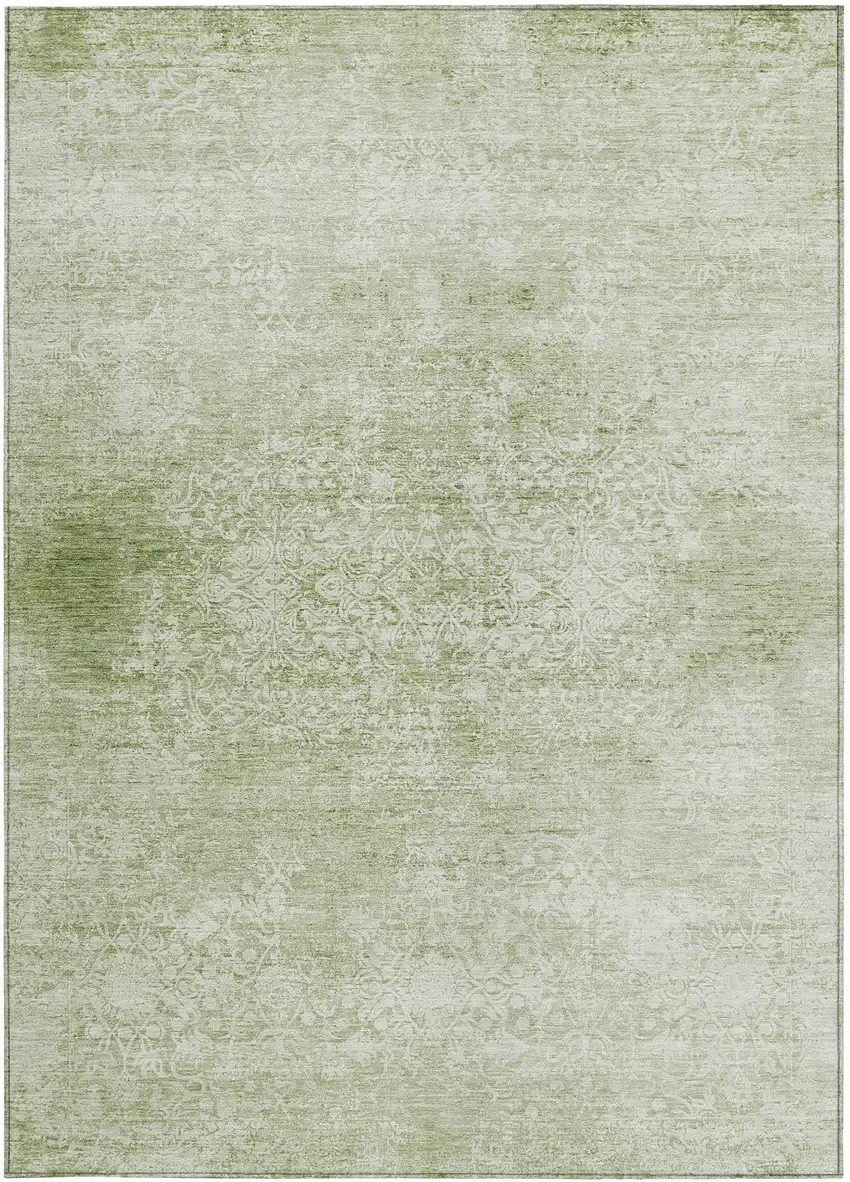 Sage And Ivory Floral Medallion Washable Indoor Outdoor Area Rug Photo 3