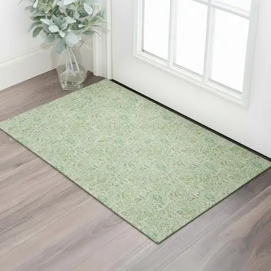 Sage And Ivory Floral Washable Area Rug With UV Protection Photo 1