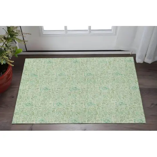 Sage And Ivory Floral Washable Area Rug With UV Protection Photo 2