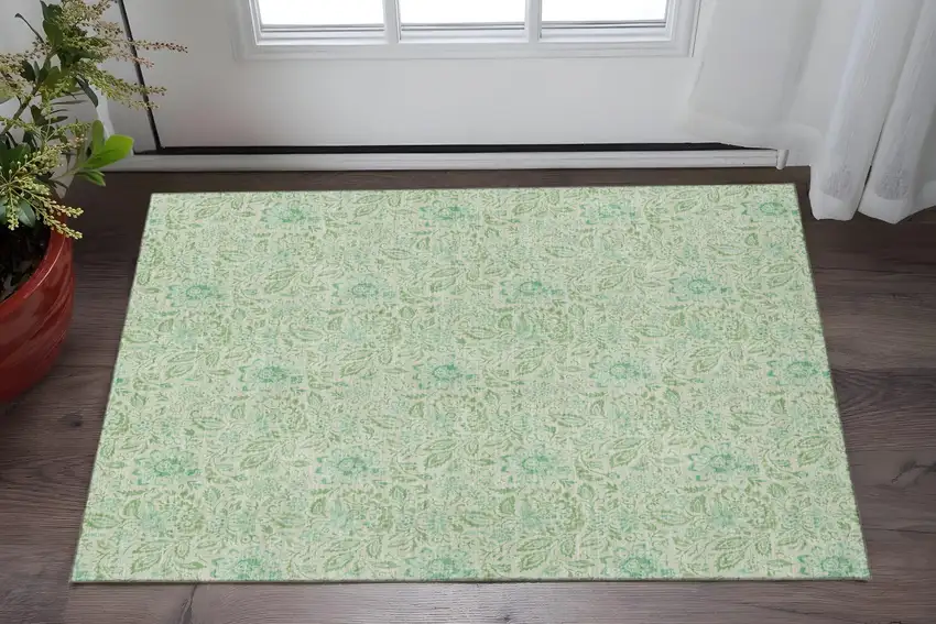 Sage And Ivory Floral Washable Area Rug With UV Protection Photo 2