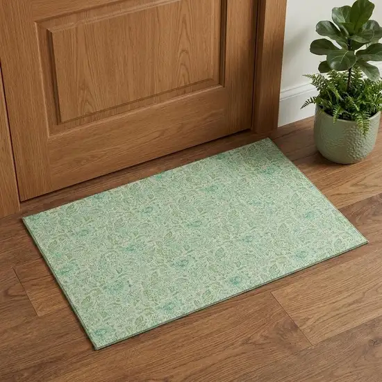 Sage And Ivory Floral Washable Area Rug With UV Protection Photo 1