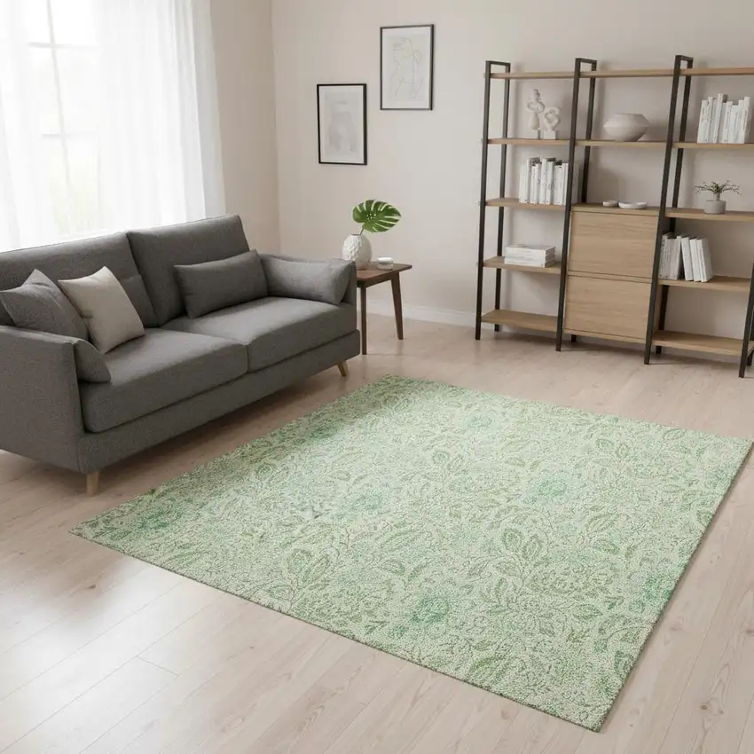 Sage And Ivory Floral Washable Area Rug With UV Protection Photo 1