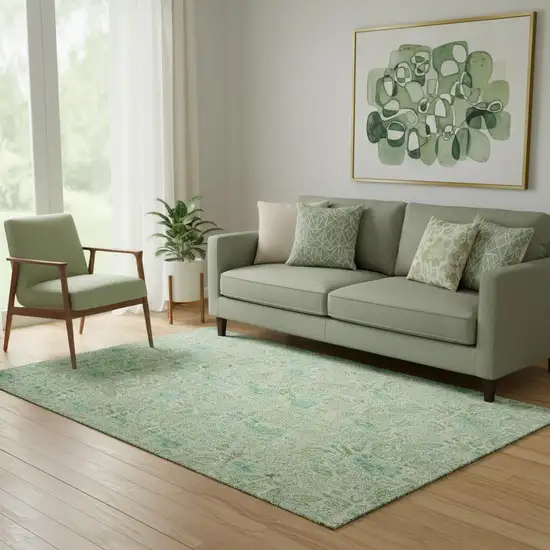Sage And Ivory Floral Washable Area Rug With UV Protection Photo 1