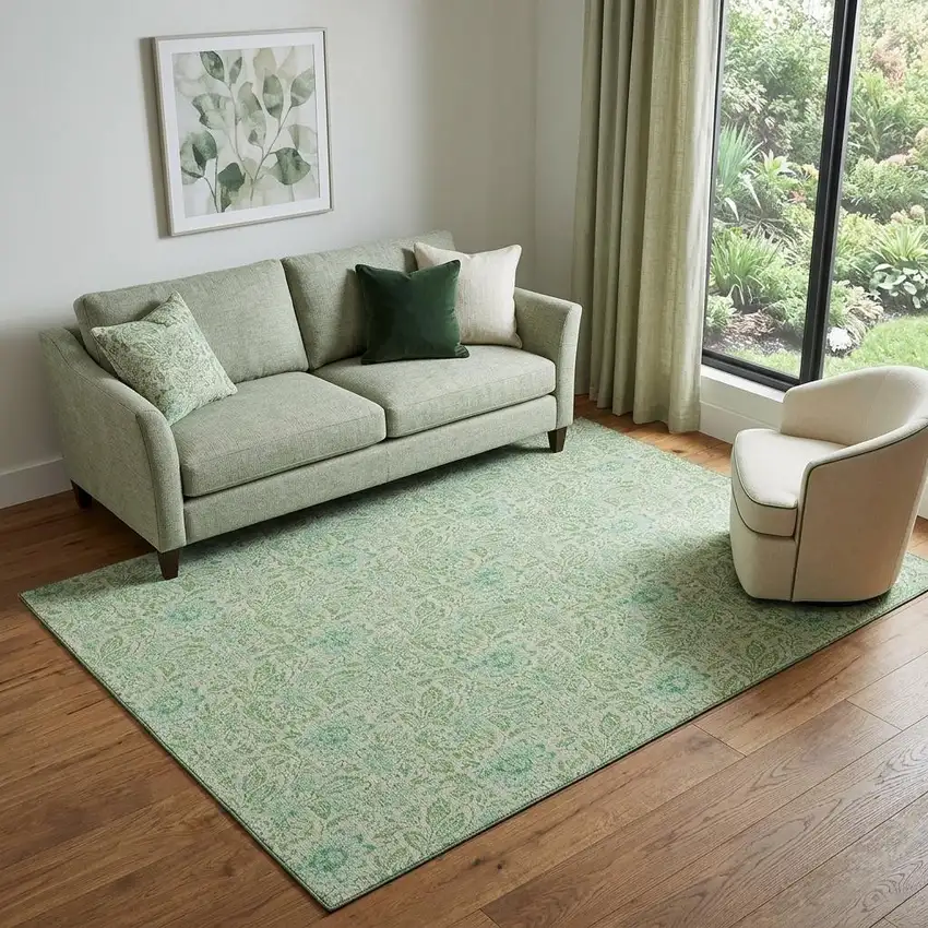 Sage And Ivory Floral Washable Area Rug With UV Protection Photo 1
