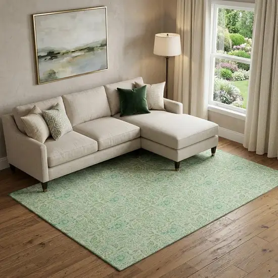Sage And Ivory Floral Washable Area Rug With UV Protection Photo 1