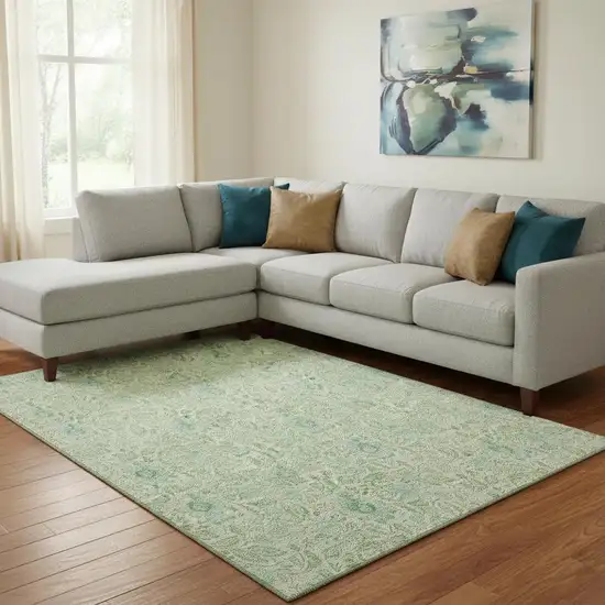 Sage And Ivory Floral Washable Area Rug With UV Protection Photo 1