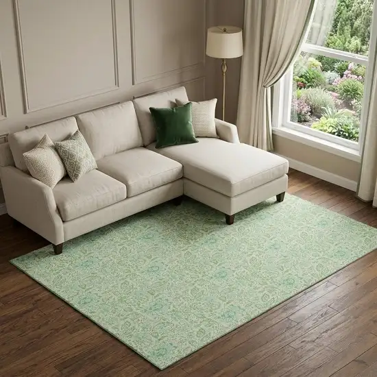 Sage And Ivory Floral Washable Area Rug With UV Protection Photo 1