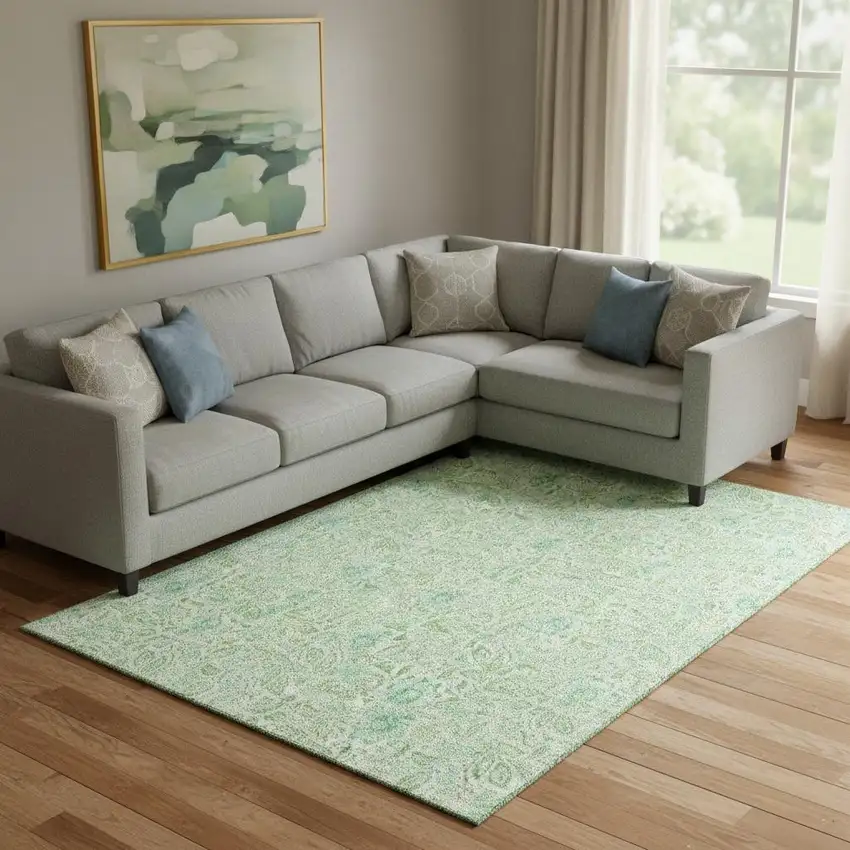 Sage And Ivory Floral Washable Area Rug With UV Protection Photo 1