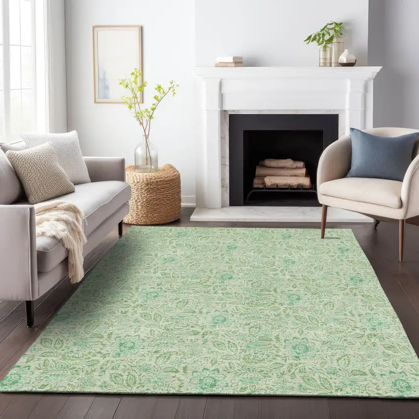 Sage And Ivory Floral Washable Area Rug With UV Protection Photo 6
