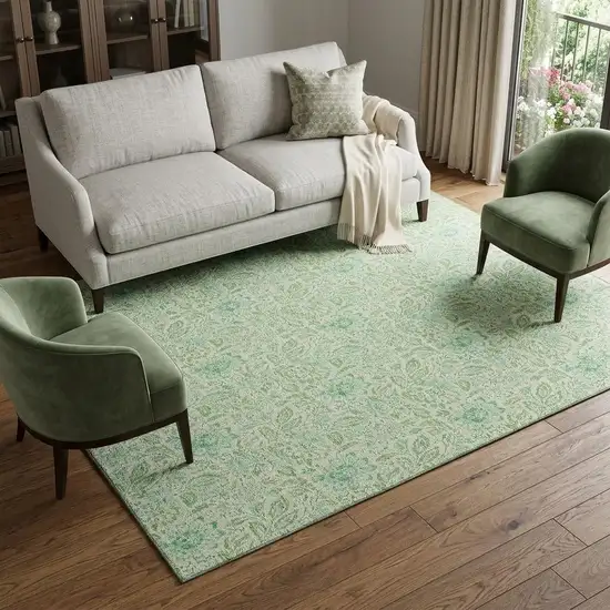 Sage And Ivory Floral Washable Area Rug With UV Protection Photo 1