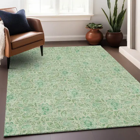 Sage And Ivory Floral Washable Area Rug With UV Protection Photo 4