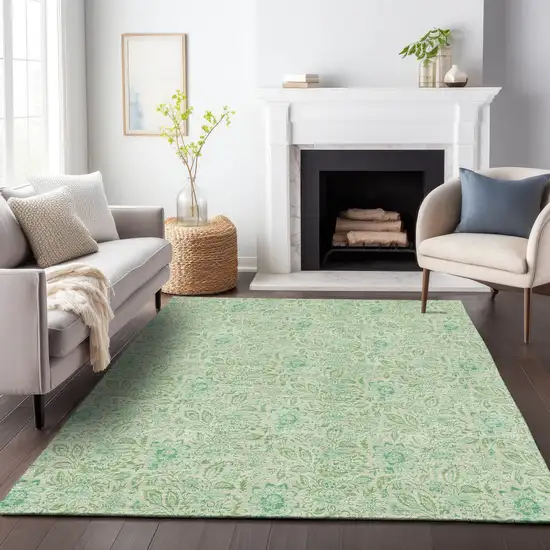 Sage And Ivory Floral Washable Area Rug With UV Protection Photo 5