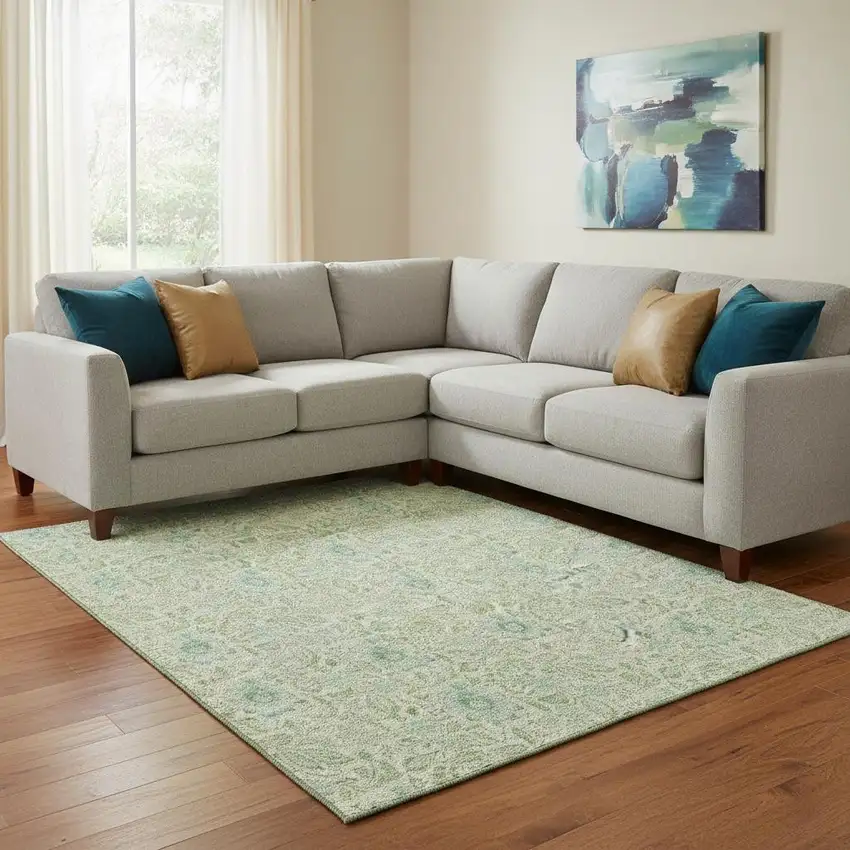 Sage And Ivory Floral Washable Area Rug With UV Protection Photo 1