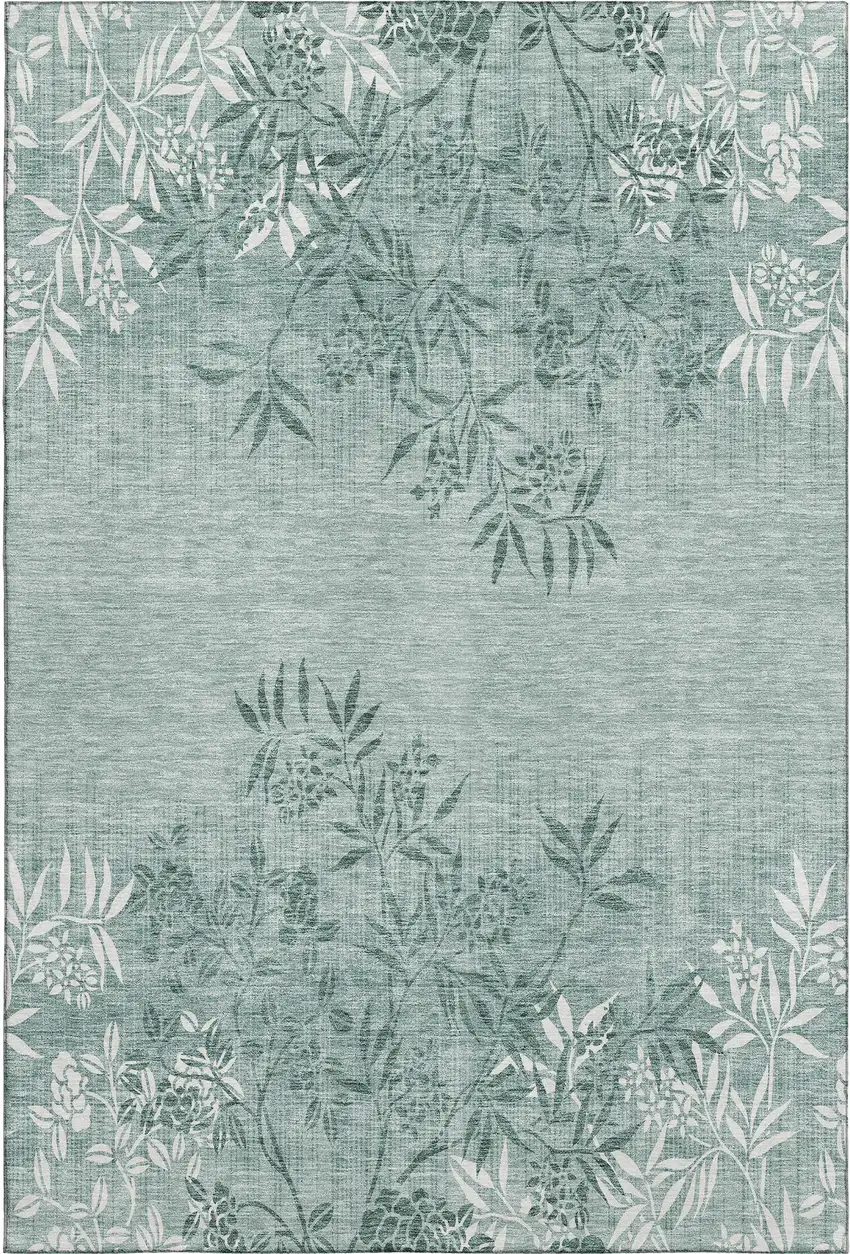 Sage And Ivory Floral Washable Area Rug With UV Protection Photo 1