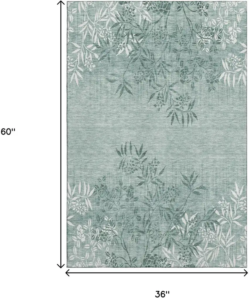 Sage And Ivory Floral Washable Area Rug With UV Protection Photo 6